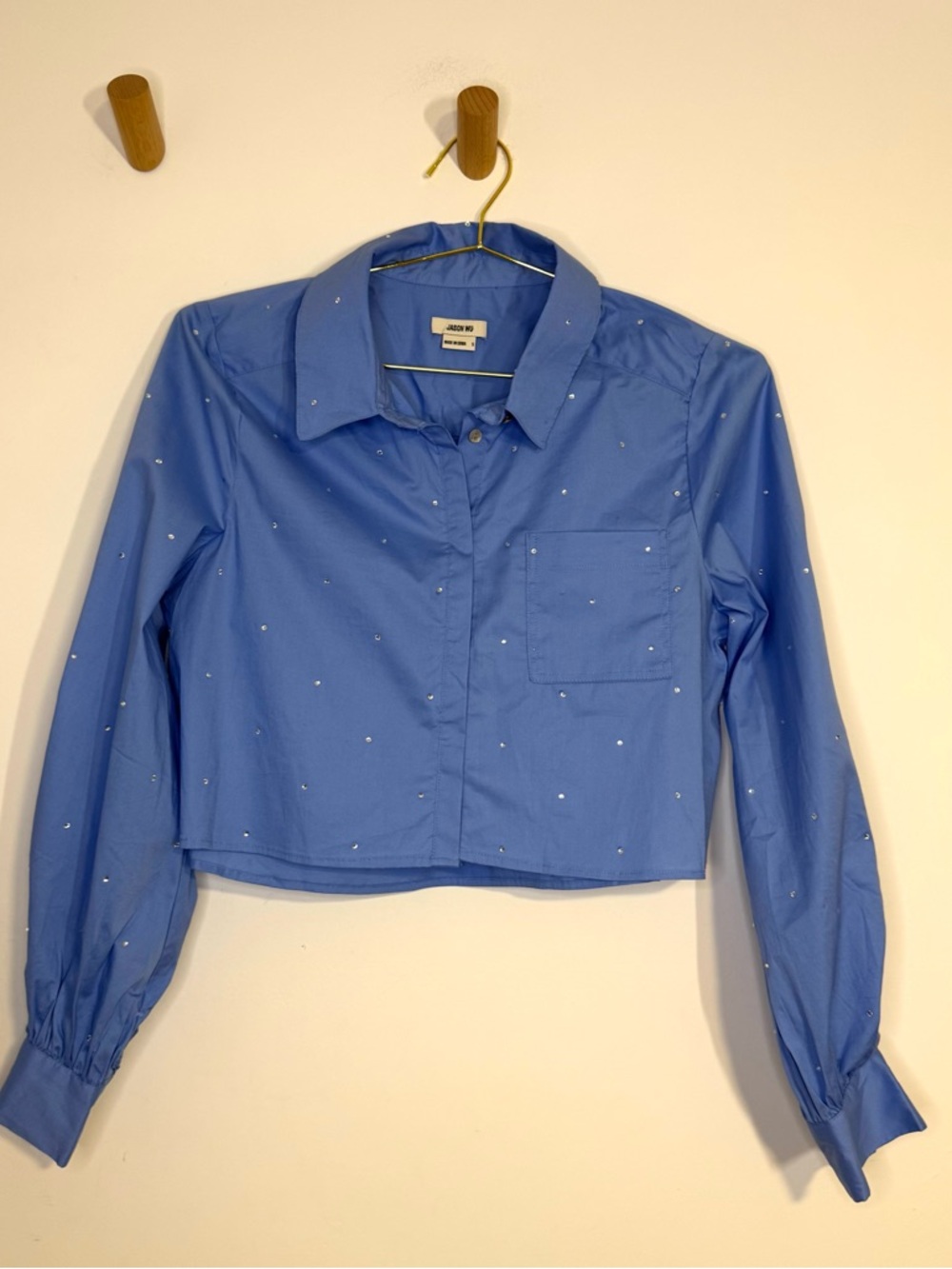 Jason Wu Blue Rhinestone Cropped Button Down Blouse Luxury Designer Poplin Small - Picture 2 of 10